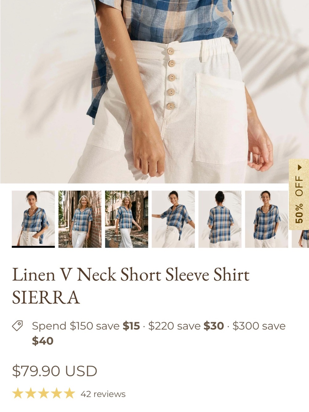 Blue and Cream Plaid Button-Down Top - Picture 7 of 7